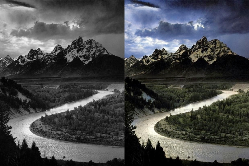 Montañas Tetons y el Río Serpiente (1942) / a la derecha, la versión coloreada por Colourise.sg